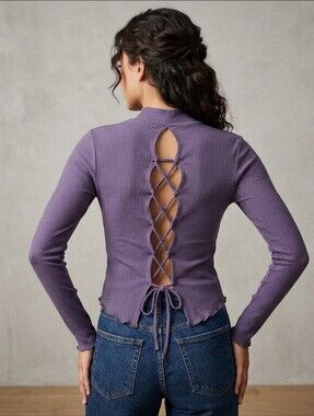 VENUS Ribbed Long Sleeve Open Lace Up Back
